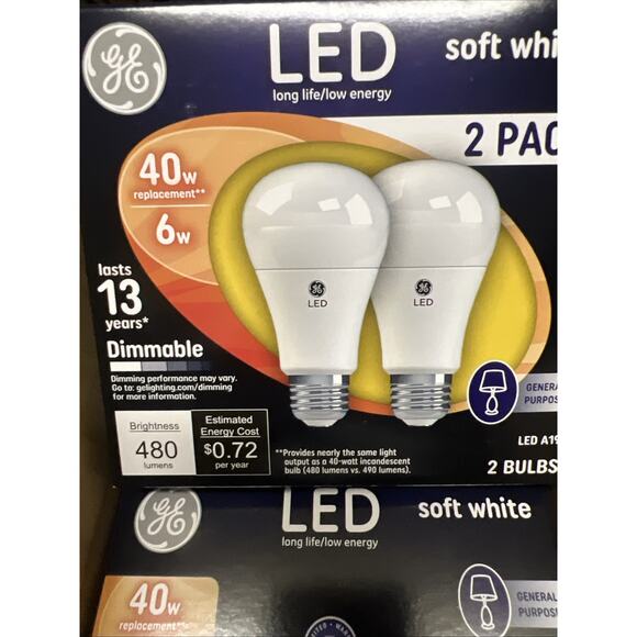 CASE OF 8 GE Soft White 6W (40W equiv) LED Dimmable A19 Medium Light Bulbs - Picture 2 of 4